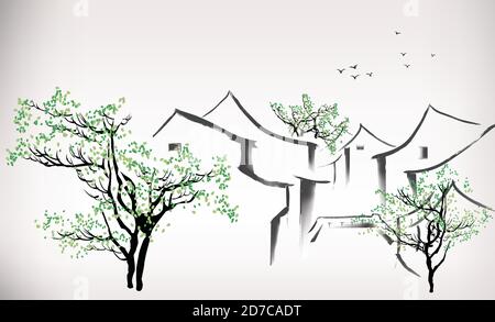 Chinese traditional painting of a south village Stock Vector