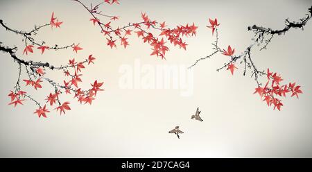 Chinese painting of maple tree and birds Stock Vector