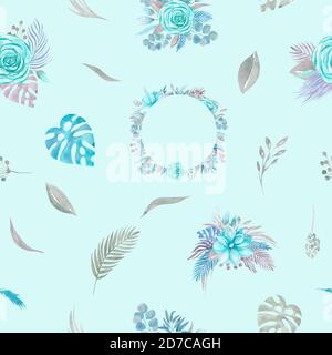 Seamless pattern of floral arrangement. Tropical palm leaves, pampas, rose blue, magnolia, eucalyptus branches, green on mint background Stock Photo