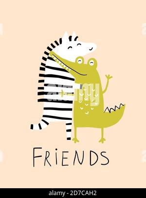 Zebra and Crocodile Friends Hug Funny Animals Love Stock Vector