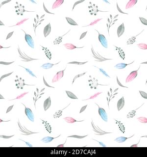 Seamless pattern of floral elements. Pink and blue tulips, spring greenery, foliage, branches on a white background Stock Photo