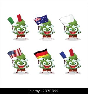 green snow christmas tree cartoon character bring the flags of various countries Stock Vector