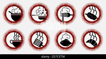 art set of minimalistic logos for cafes restaurants of various dishes in the form of red and black signs Stock Vector