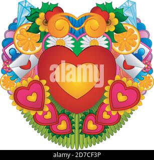 Cartoon hand drawn doodles happy valentines day with symbol and items theme form heart Stock Vector