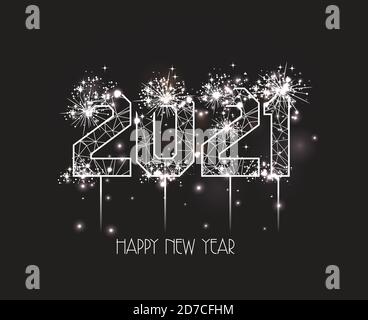 Happy New Years 2021 polygonal line light and fireworks Background Stock Vector