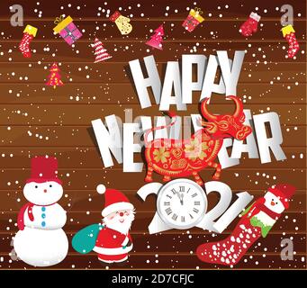Happy new year 2021 Year of the Ox .Christmas background with snowman and santa claus on wood Stock Vector