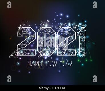 Happy New Years 2021 polygonal line light and fireworks Background Stock Vector