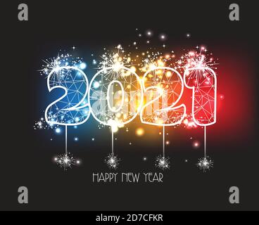 Happy New Years 2021 polygonal line light and fireworks colorful Background Stock Vector