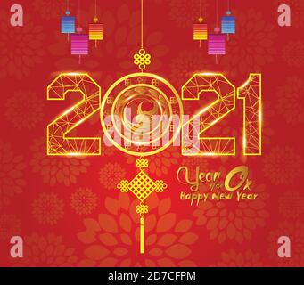 Happy chinese new year 2021 Lantern Ornament. Zodiac of ox cartoon character traditional Stock Vector
