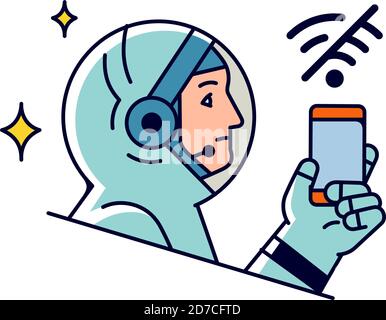 Astronaut with a mobile phone. Vector. Astronaut icon with smartphone. Internet search and wi-fi. Prohibition or permission to communicate. Outline fl Stock Vector