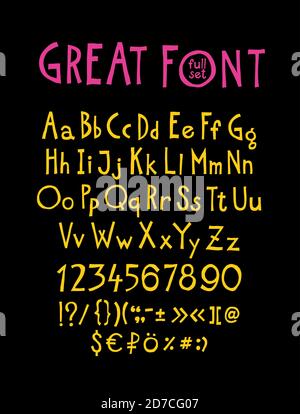 English, original display font. Vector. Author's alphabet. A complete set of signs, numbers, capital and lowercase Latin letters. It can be used in de Stock Vector