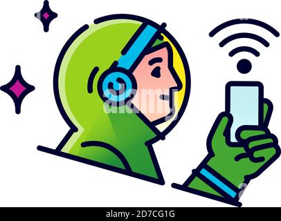 Astronaut with a mobile phone. Vector. Astronaut icon with smartphone. Internet search and wi-fi. Prohibition or permission to communicate. Outline fl Stock Vector