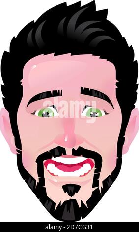The emotion of a young man. Vector. Cartoon scared bearded man. Illustration of a head for advertising and chat. Surprised male avatar. The image is i Stock Vector