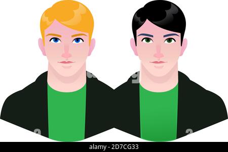 Illustration of young people. Vector. Cartoon couple of hipster men. Characters for advertising and design. Bright calm images. Gay guys avatars. Blon Stock Vector