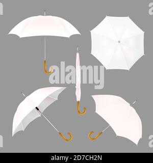 White umbrella mockup set, vector illustration isolated on white background. Realistic folded and opened parasols. Stock Vector