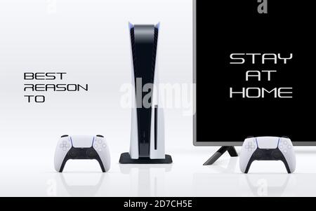 Console gaming banner concept with Stay at home to play message. Vector game station with gamepad controller and tv isolated on white. Stock Vector