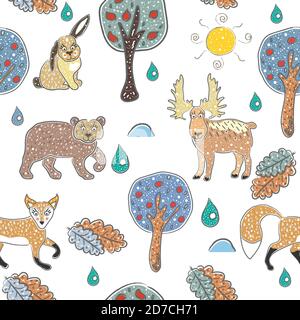 Seamless Pattern with cute Hand Drawn Animals. Scandinavian Style. Bright Colors. Vector Illustration Stock Vector
