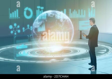 digital transformation technology concept business man using augmented mixed virtual reality combined artificial intelligence to make industry busines Stock Photo
