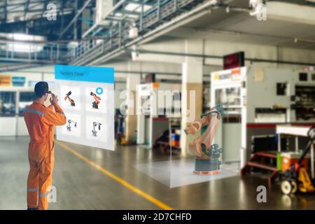 smart factory which use futuristic technology which combine big data, iot, 5g, machine deep learning, automation robot, augmented mixed virtual realit Stock Photo