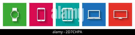 Electronic device flat design vector icons with smartwatch, smartphone, tablet, laptop and television Stock Vector