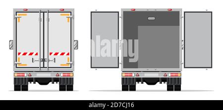 Truck trailer rear view side with closed and open doors. Delivery van isolated. Express delivering services commercial truck. Fast and free delivery by car. Cargo logistic. Flat vector illustration Stock Vector