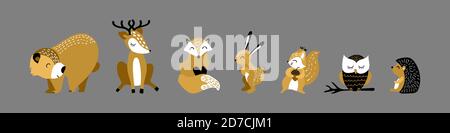 Cute cartoon hand drawn animals collection. Funny woodland characters on gray background. Vector illustration. Stock Vector