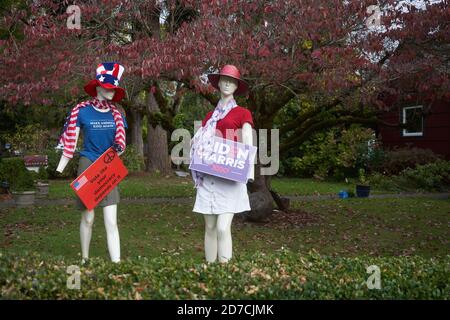 Mannequins dressed up with signs in support of the Democratic candidates are seen on the lawn outside a house in Lake Oswego, Ore., on 10/21/2020. Stock Photo