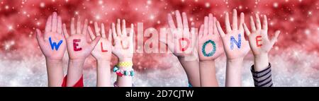Children Hands Building Word Well Done, Red Christmas Background Stock Photo
