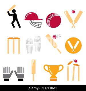 Cricket bat, man playing cricket, cricket equipment - sport vector icons set Stock Vector