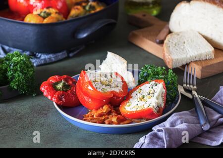 Baked stuffed sweet bell peppers with chicken or turkey, corn and herbs on ceramic plate, green concrete background. Stock Photo