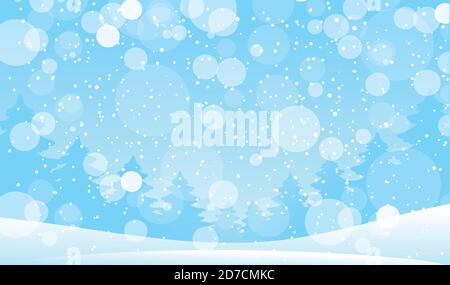 Magic snowfall in the forest. Modern background for New Year and Christmas. Vector illustration in cartoon design. Winter landscape with snow and snowflakes Stock Vector