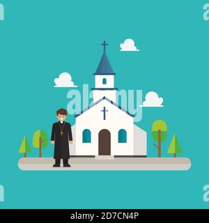 Priest standing in front of Church in flat style design. Vector illustration Stock Vector