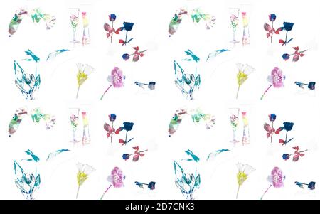 Repeating pattern of flowers and wine glasses on white background. Colourful modern design. Stock Photo