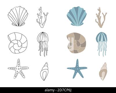 Set of underwater vector icons - seashell, jellyfish, starfish, coral. Hand drawn doodle marine characters. Stock vector illustration Stock Vector