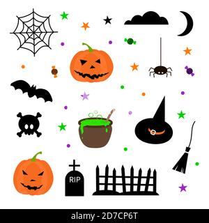 Happy Halloween elements set - brooms spider web skull bones, graves, fence, pumpkin, moon, cloud, bat, spider, witch hat. Stock vector illustration Stock Vector