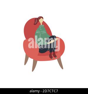 Happy young woman sitting in chair. Cozy home rest. Flat hand drawn vector illustration Stock Vector