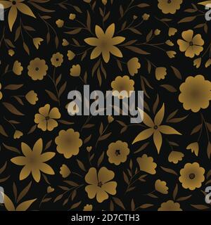 Abstract Batik flowers seamless pattern. Gold on black background. Vector illustration for surface design, print, poster, icon, web, graphic designs. Stock Vector