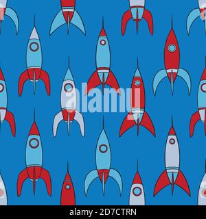 Rockets doodle seamless pattern. Hand drawn background. Vector illustration for surface design, print, poster, icon, web, graphic designs. Stock Vector