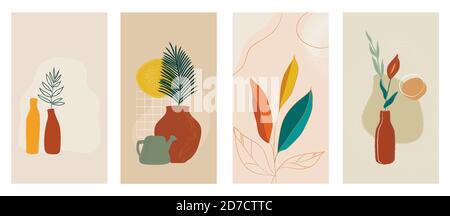 Social media stories set of abstract modern backgrounds with plants in pot. Pastel color combinations, shapes and tropical palm, leaves, lines.Vector Stock Vector