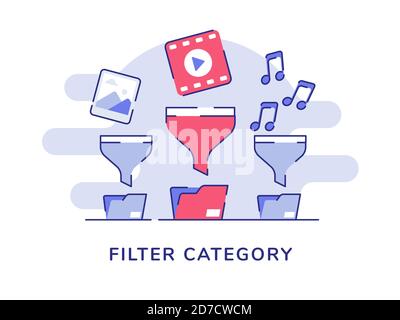 Filter category concept picture video music on funnel file folder white isolated background with flat style Stock Vector