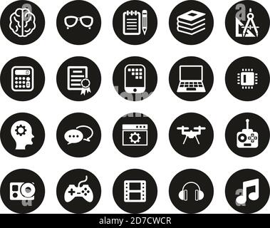 Geek Culture Icons White On Black Flat Design Circle Set Big Stock Vector