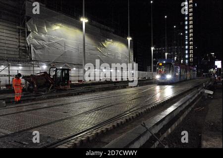 Night testing of the UK's first battery powered trams on a new section of the West Midlands Metro tram network, Centenary Square, Birmingham 30/10/19 Stock Photo
