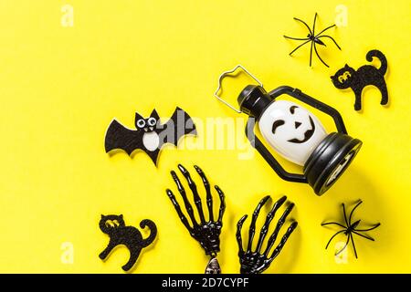 Halloween flat lay composition with party decorations. Stock Photo