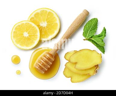 honey, lemon and ginger isolated on white background, top view Stock Photo
