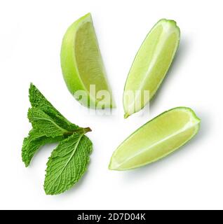 lime slices and mint isolated on white background, top view Stock Photo