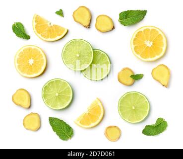 lime, ginger and lemon slices isolated on white background, top view Stock Photo