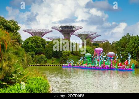 Marina South, Singapore - September 05 2018: The Supertree Grove is a unique vertical gardens in Gardens by the Bay resembling towering trees, with la Stock Photo