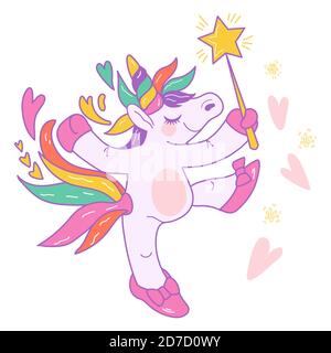 Cute unicorn with a magic wand on a cloud. Black and white linear ...