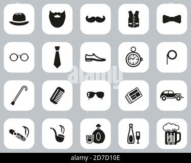 Gentleman Culture & Fashion Icons Black & White Flat Design Set Big Stock Vector
