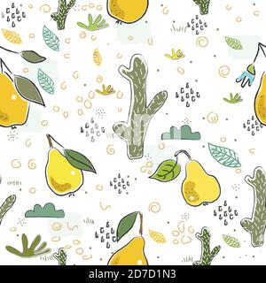 Seamless Pattern With Hand Drawn Cacti and Fruits(banana). Hand Drawn Scandinavian Style. Vector Illustration Stock Vector